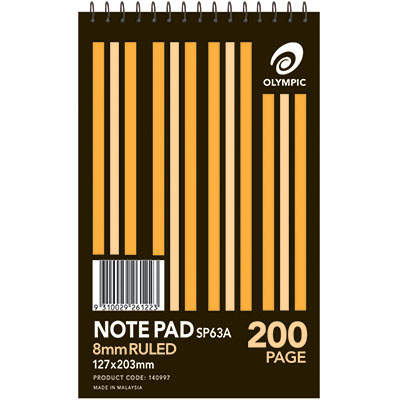 Image for OLYMPIC SP63A NOTEPAD SPIRAL BOUND 8MM RULED 200 PAGE 127 X 203MM WHITE PACK 10 from Axsel Office National