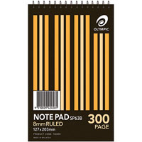 olympic sp63b notepad spiral bound 8mm ruled 300 page 127 x 203mm white pack 10
