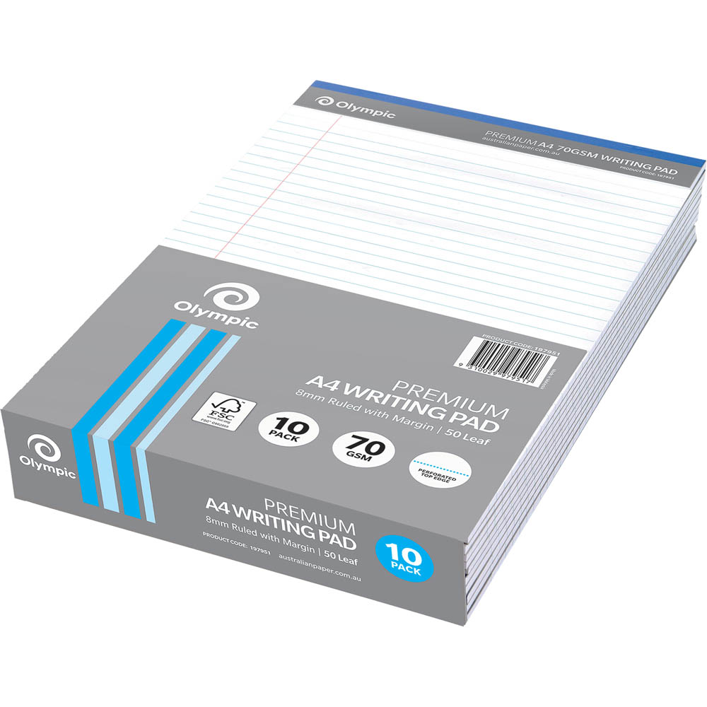 Image for OLYMPIC PREMIUM WRITING PAD 8MM RULED 70GSM 100 PAGE A4 WHITE PACK 10 from Aztec Office National