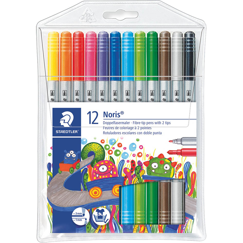Image for STAEDTLER 320 NORIS CLUB DUAL NIB FIBRE TIP PENS 1.0/3.0MM ASSORTED WALLET 12 from Surry Office National