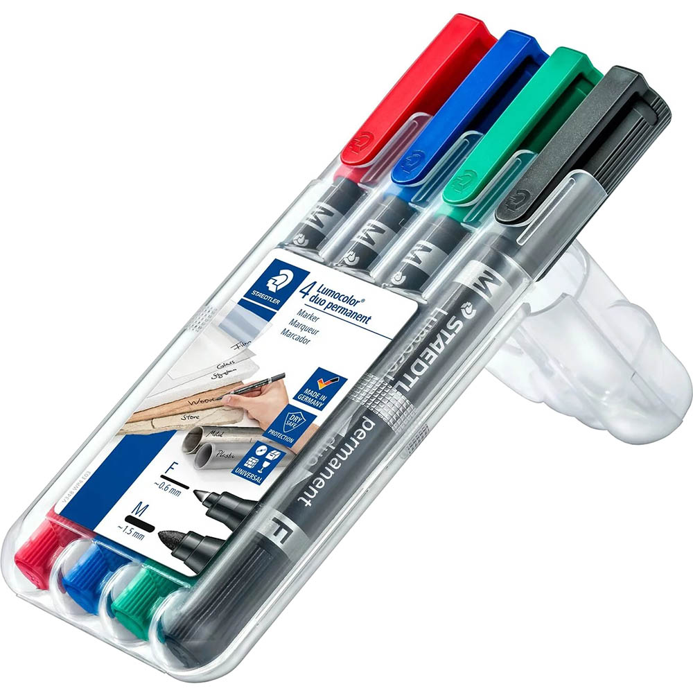 Image for STAEDTLER 348 LUMOCOLOR DUO PERMANENT MARKER BULLET 0.6MM/1.5MM ASSORTED PACK 4 from Mackay Business Machines (MBM) Office National