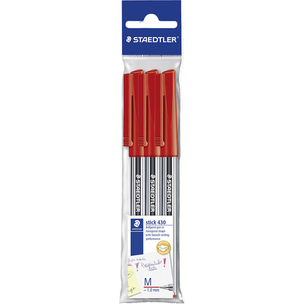 Image for STAEDTLER 430 STICK BALLPOINT PEN MEDIUM RED PACK 3 from Aztec Office National
