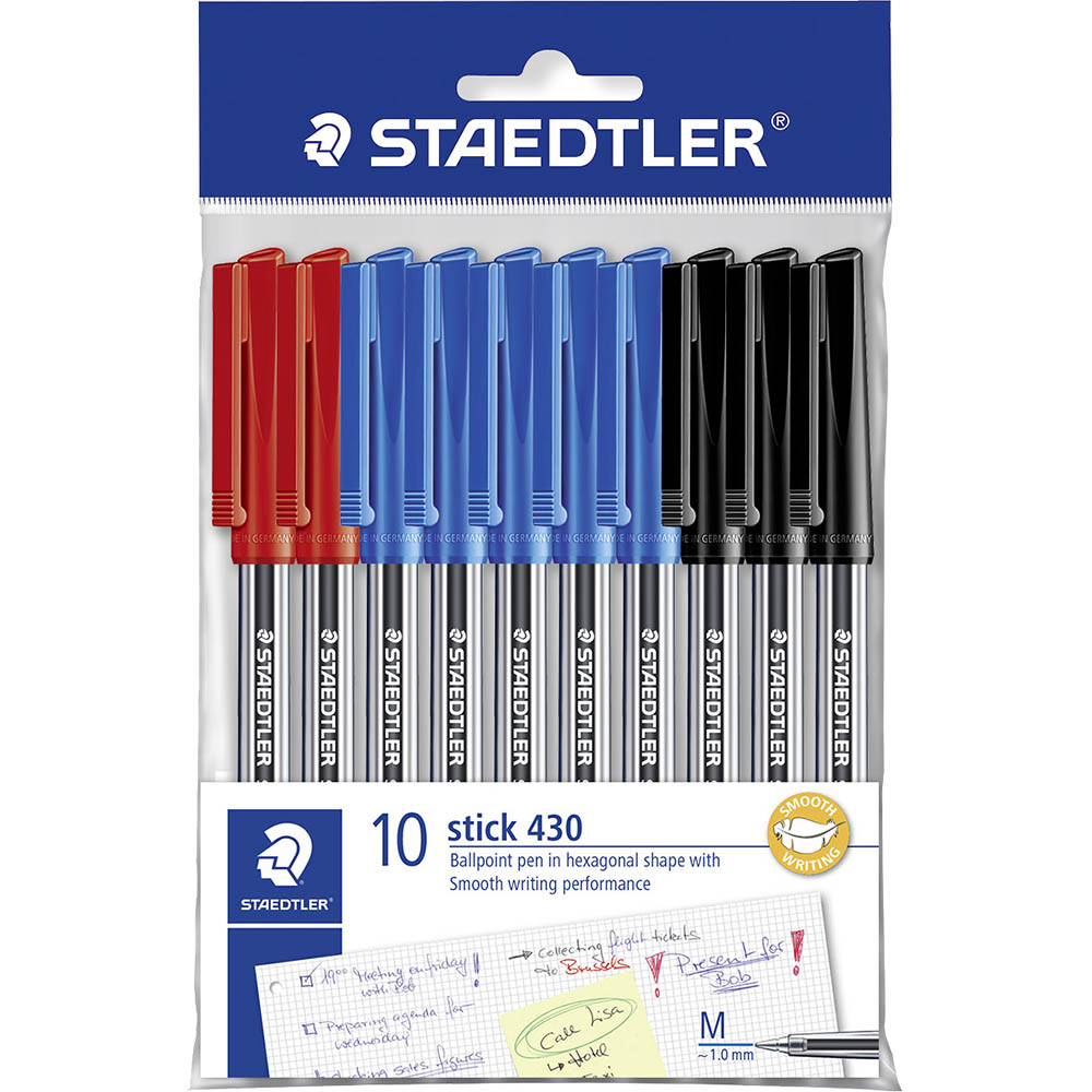 Image for STAEDTLER 430 BALLPOINT PEN STICK MEDIUM 1.0MM ASSORTED PACK 10 from Ezi Office Supplies Gold Coast Office National