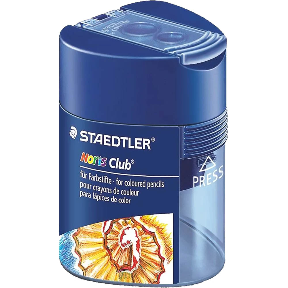 Image for STAEDTLER 512 NORIS PENCIL SHARPENER TRIANGULAR 2-HOLE TUB BLUE from PaperChase Office National