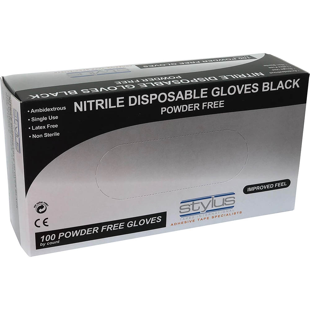 Image for STYLUS NITRILE POWDER-FREE DISPOSABLE GLOVES SMALL/MEDIUM BLACK PACK 100 from Connelly's Office National