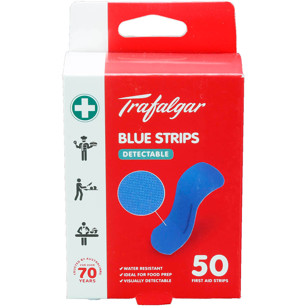 Image for TRAFALGAR ADHESIVE DETECTABLE PLASTIC STRIPS BLUE PACK 50 from Ezi Office National Tweed