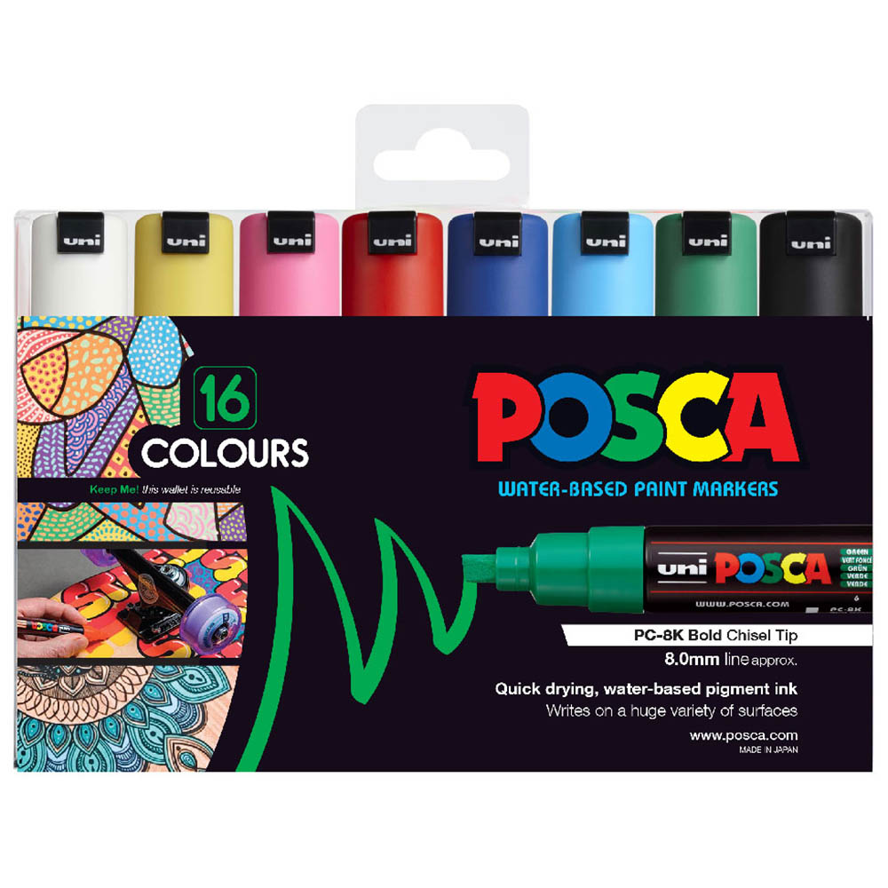 Image for POSCA PC-8K PAINT MARKERS CHISEL TIP 8MM ASSORTED PACK 16 from Aztec Office National Melbourne