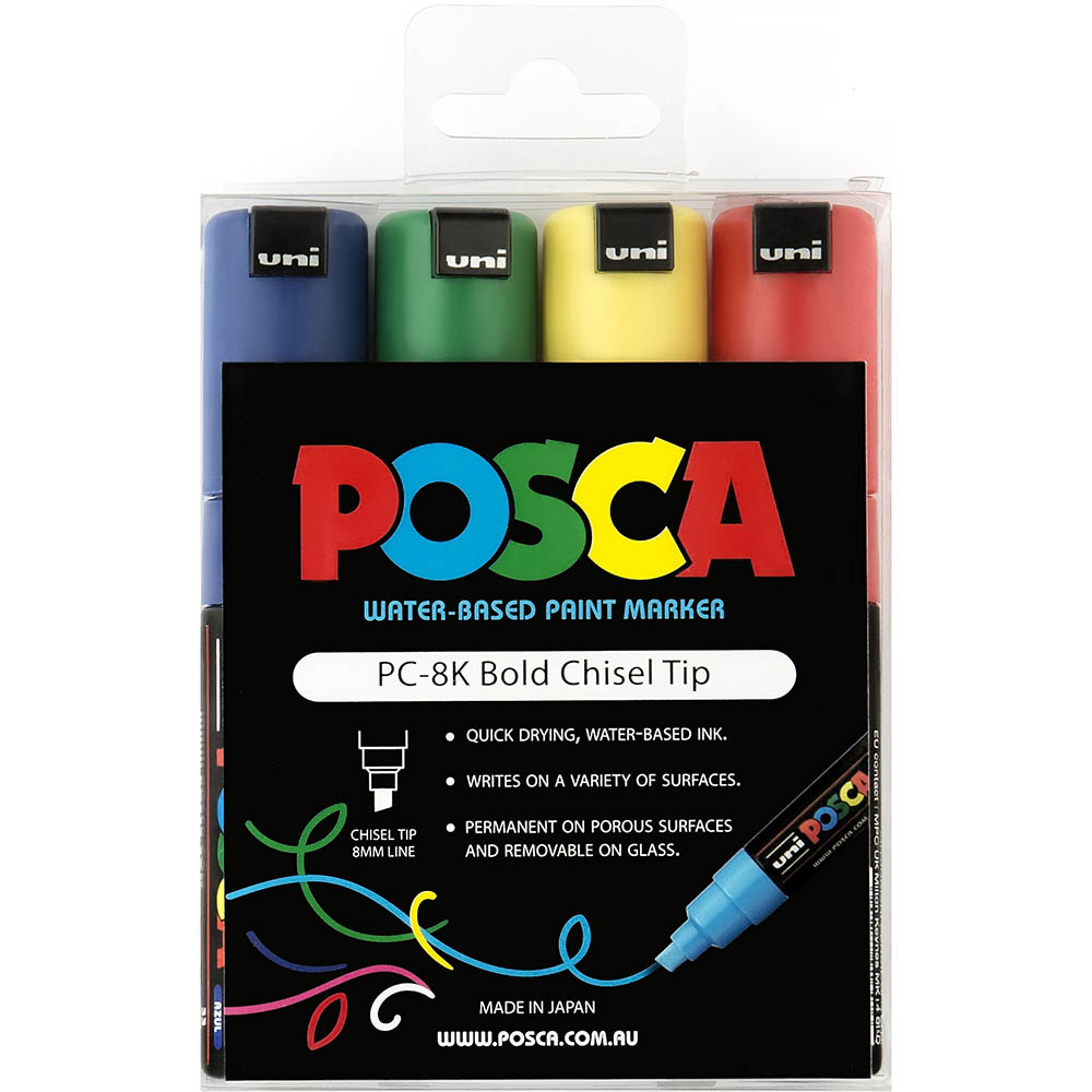 Image for POSCA PC-8K PAINT MARKER CHISEL BROAD 8MM ASSORTED PACK 4 from Paul John Office National