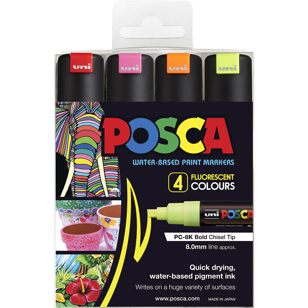 Image for POSCA PC-8K PAINT MARKER CHISEL BROAD 8MM ASSORTED FLUORO PACK 4 from Paul John Office National