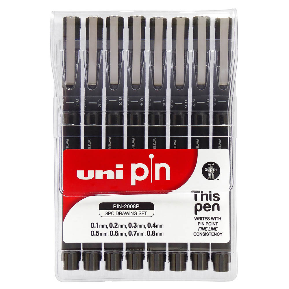Image for UNI-BALL 200 PIN FINELINER PEN ASSORTED TIPS BLACK PACK 8 from PaperChase Office National