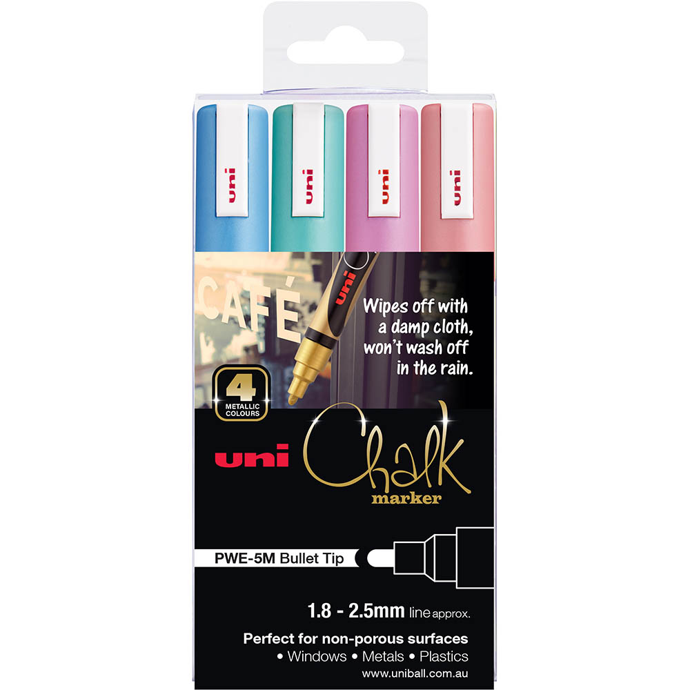 Image for UNI-BALL CHALK MARKER BULLET TIP 2.5MM ASSORTED METALLIC PACK 4 from Surry Office National