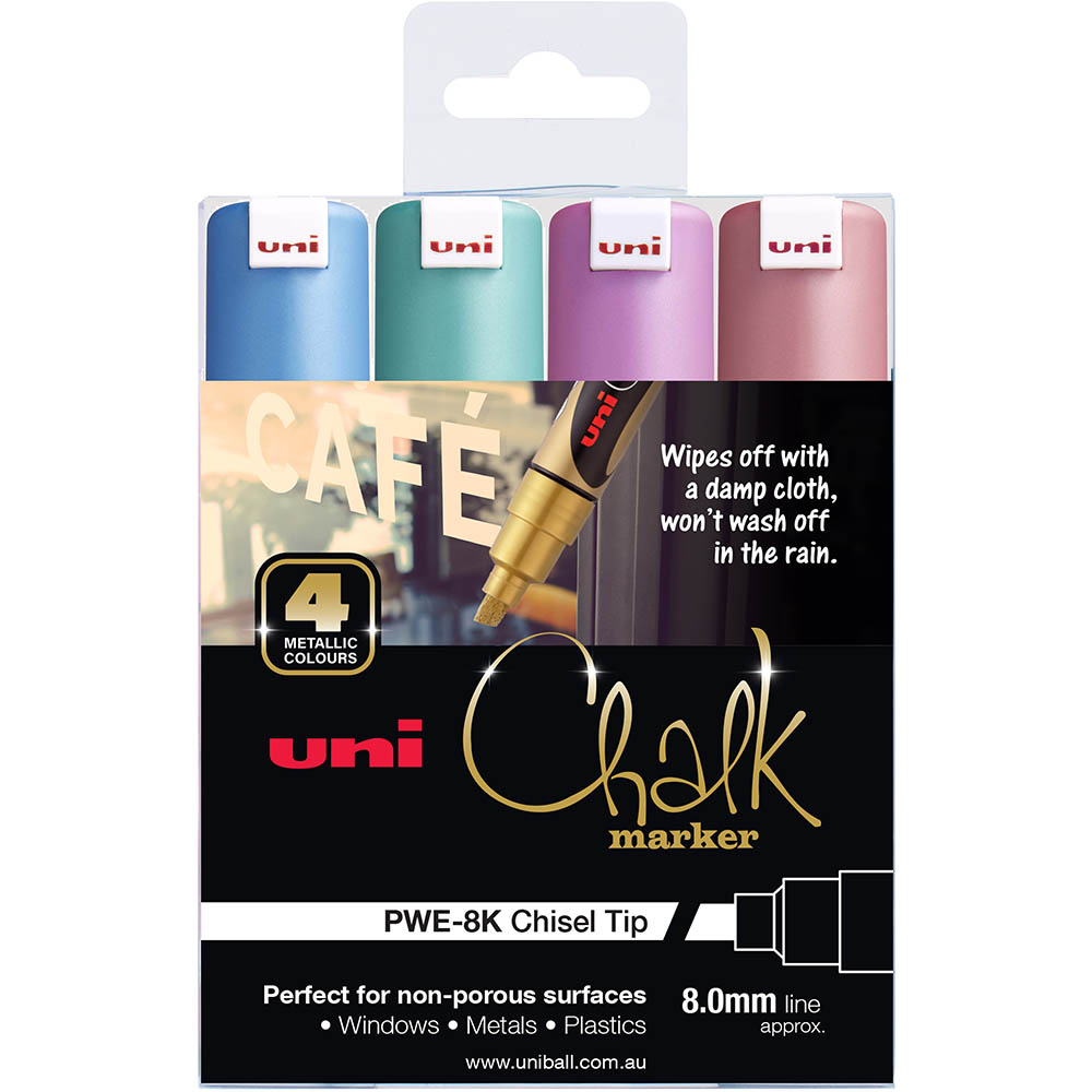 Image for UNI-BALL CHALK MARKER CHISEL TIP 8MM ASSORTED METALLIC PACK 4 from Office National Perth CBD