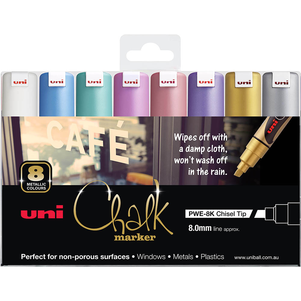 Image for UNI-BALL CHALK MARKER CHISEL TIP 8MM ASSORTED METALLIC PACK 8 from PaperChase Office National