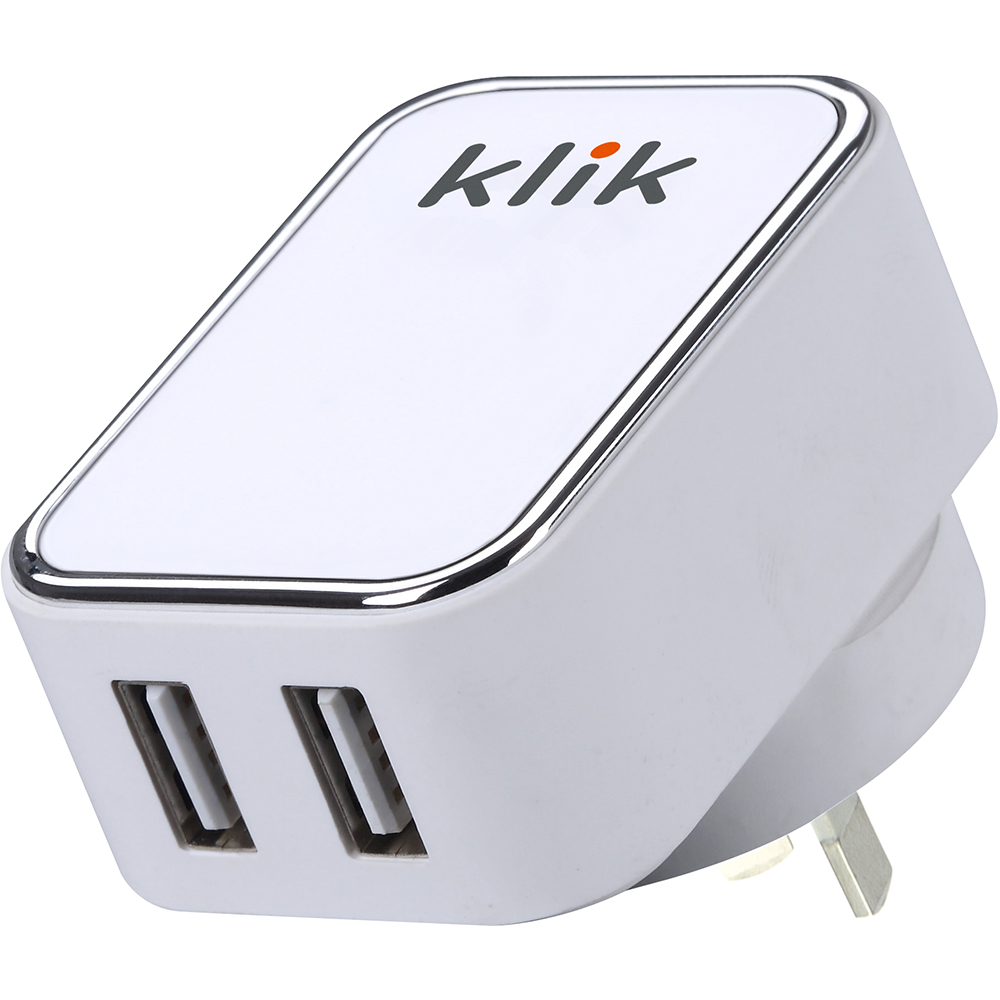 klik dual usb travel charger white
