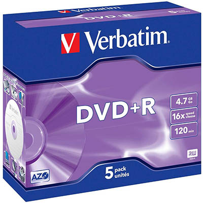 Image for VERBATIM DVD+R 4.7GB 16X JEWEL CASE PACK 5 from Two Bays Office National