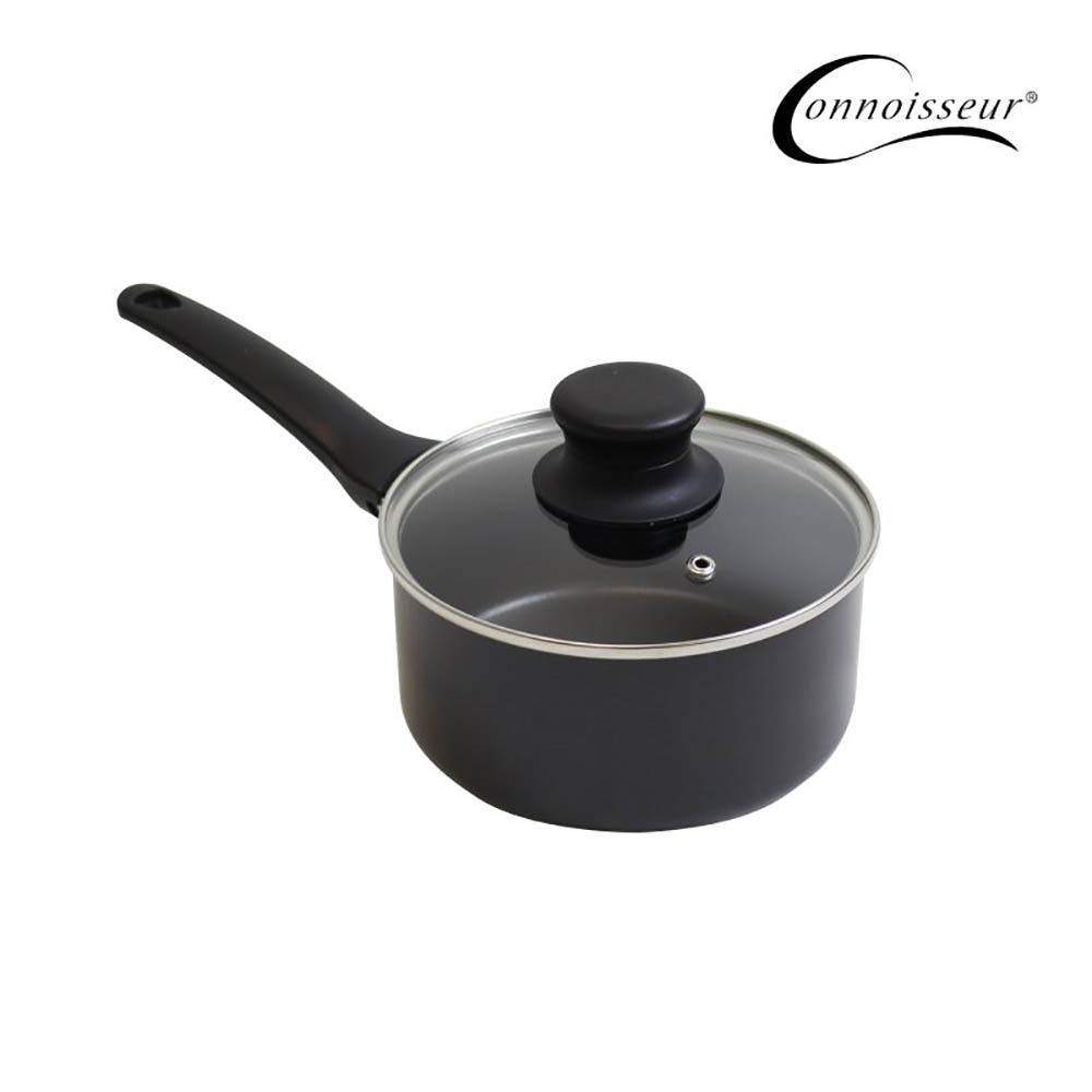 Image for CONNOISSEUR PRESSED NON STICK SAUCEPAN WITH GLASS LID 160MM BLACK from Office National Barossa