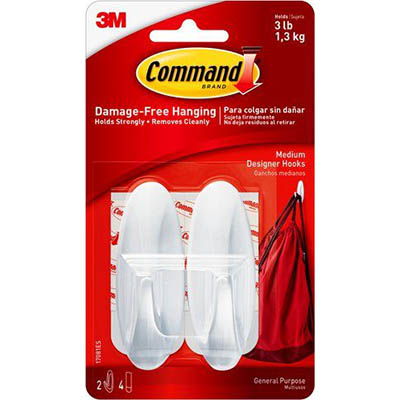 Image for COMMAND ADHESIVE DESIGNER MEDIUM HOOKS WHITE PACK 2 HOOKS AND 4 STRIPS from Discount Office National