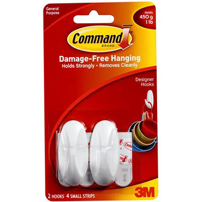Image for COMMAND ADHESIVE DESIGNER SMALL HOOK WHITE PACK 2 HOOKS 4 STRIPS from Discount Office National