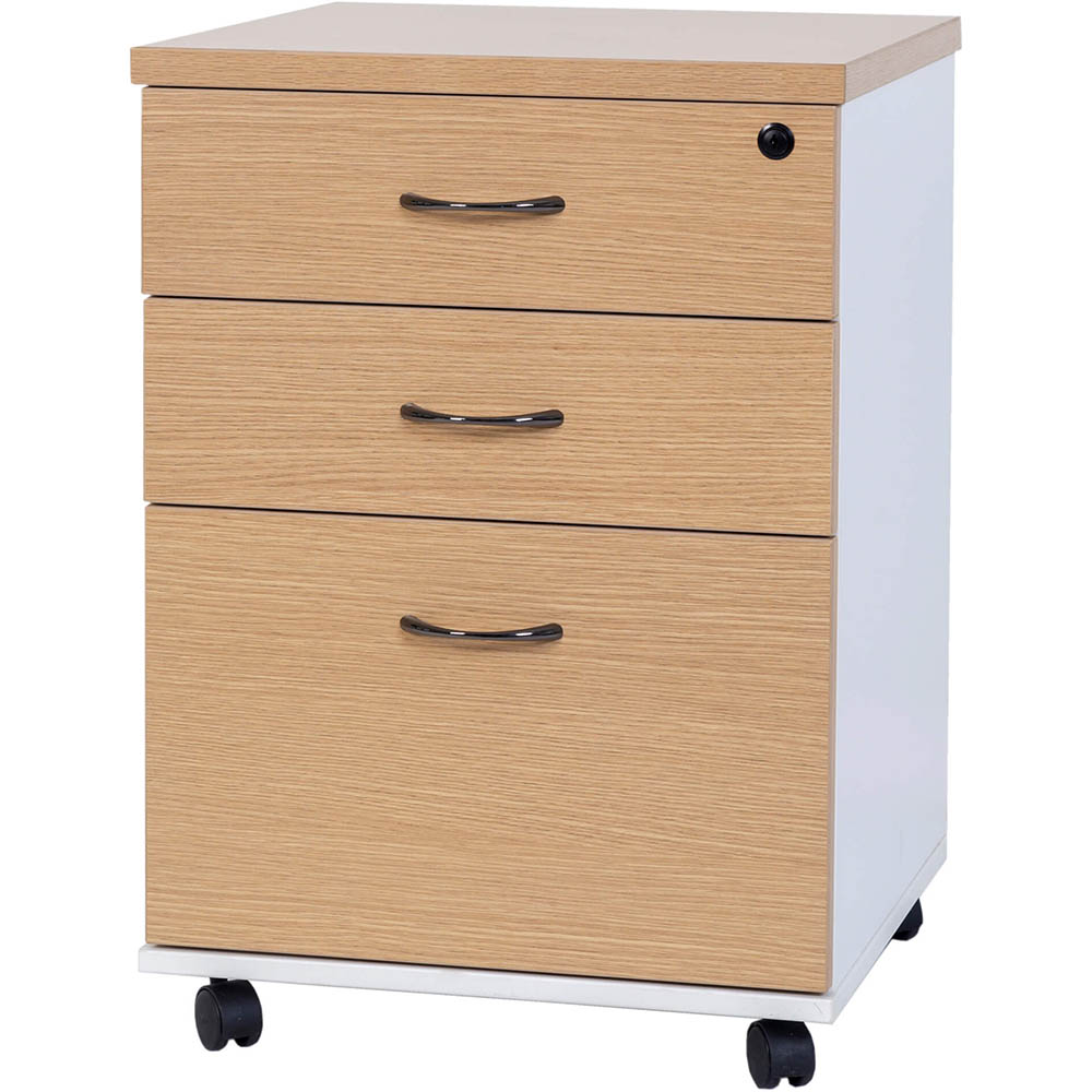 Image for OXLEY MOBILE PEDESTAL 3-DRAWER LOCKABLE OAK/WHITE from Office National Barossa