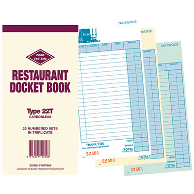 Image for ZIONS 22T RESTAURANT DOCKET BOOK CARBONLESS TRIPLICATE 200 X 100MM 25 SETS from Our Town & Country Office National