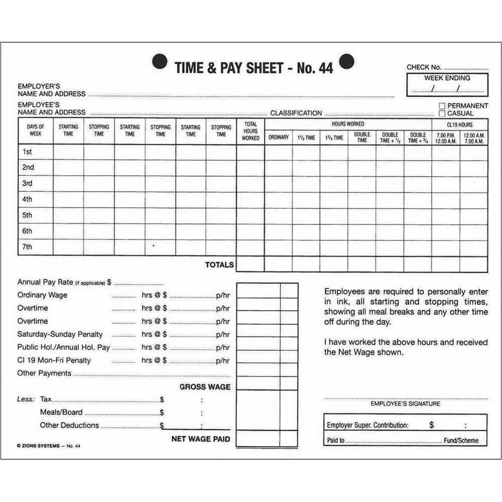 Image for ZIONS 44 TIME AND PAY SHEETS 175 X 215MM PACK 100 from Chris Humphrey Office National