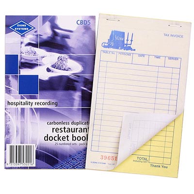 Image for ZIONS CBD RESTAURANT DOCKET BOOK CARBONLESS DUPLICATE 170 X 100MM from Emerald Office Supplies Office National