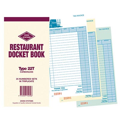 Image for ZIONS CBT RESTAURANT DOCKET BOOK CARBONLESS TRIPLICATE 170 X 100MM 25 SETS from Office National