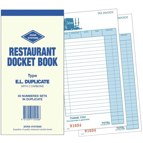 Image for ZIONS ELD RESTAURANT DOCKET BOOK CARBON DUPLICATE 210 X 100MM from Aztec Office National Melbourne