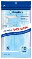 swisscare 3 ply disposable face mask with earloop pk 10