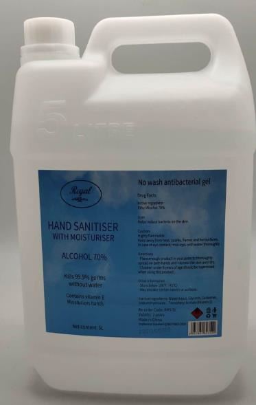 Image for REGAL HAND SANITISER WITH MOISTURISER 5 LITRE BOTTLE 70% ALCOHOL CONTENT from Chris Humphrey Office National