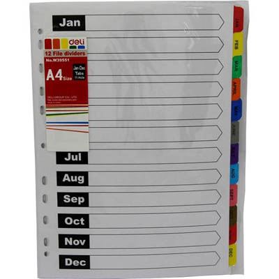 Image for DELI DIVIDERS MANILLA JAN-DEC TAB A4 BRIGHT ASSORTED from Darwin Business Machines Office National