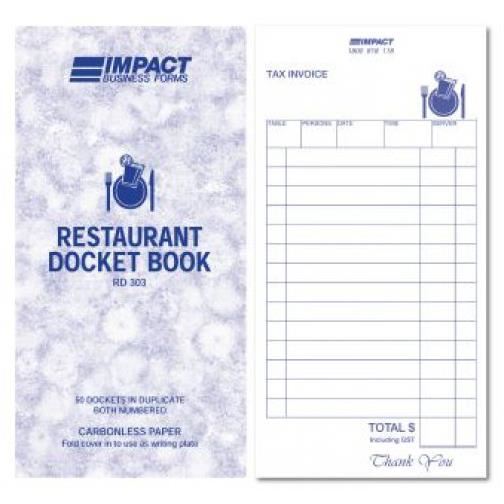 IMPACT RD303 RESTAURANT DOCKET BOOK DUPLICATE CARBONLESS - 100 X 195MM(50) | | IMPACTRD303