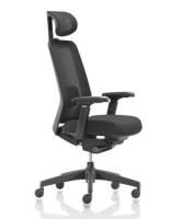 r8 mesh typist chair synchro mech with seat slide plus arms and headrest in black fabric bifma approved