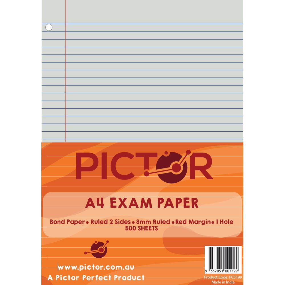 Image for PICTOR EXAM PAPER A4 60GSM 8MM RULED + MARGIN 1 HOLE PUNCH 500 SHEETS from PaperChase Office National