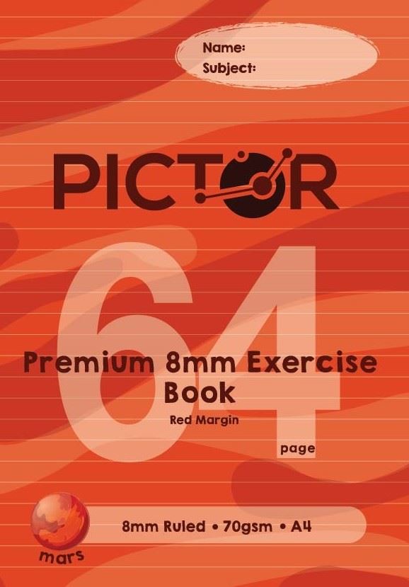Image for PICTOR PREMIUM EXERCISE BOOK A4 RULED 8MM + MARGIN 64 PAGE MARS from Paul John Office National