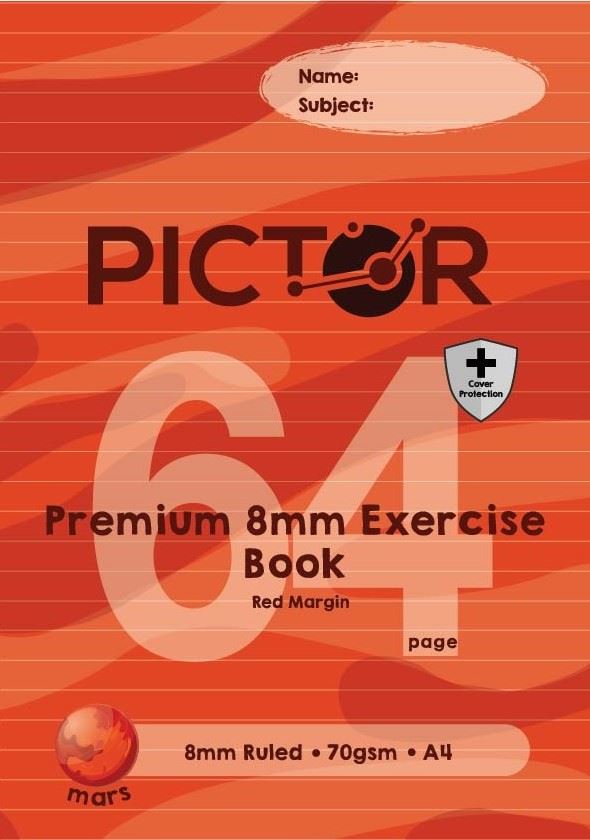 Image for PICTOR PREMIUM PRO A4 64 PAGE PP EXERCISE BOOK A4 STAPLED RULED 8MM 70GSM MARS from Paul John Office National