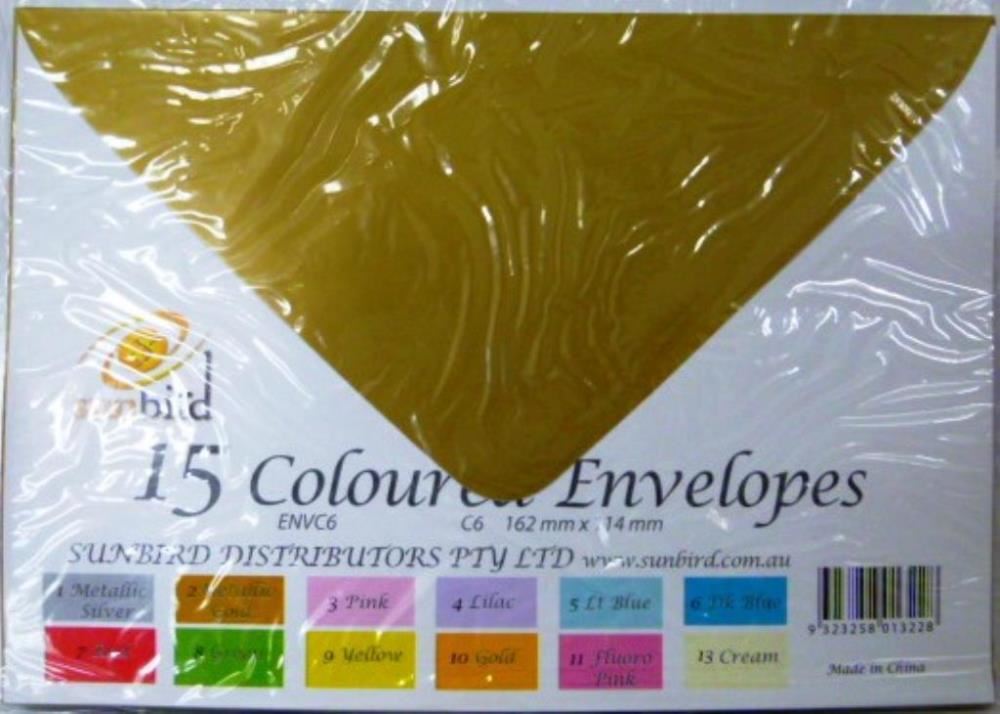 Image for SUNBIRD C6 COLOURD ENVELOPES METALLIC GOLD 162 X 114MM 80GSM PACK 15 from Shoalcoast Home and Office Solutions Office National