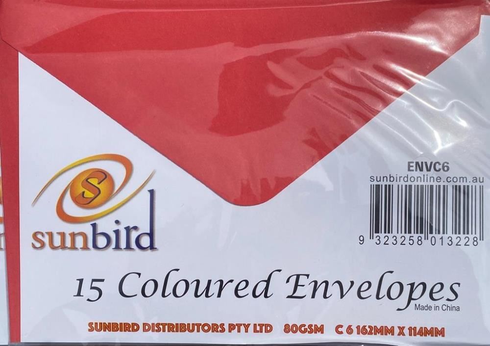Image for SUNBIRD C6 COLOURD ENVELOPES RED 162 X 114MM 80GSM PACK 15 from Shoalcoast Home and Office Solutions Office National