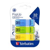 verbatim popup usb flash drive 2.0 bright assorted 32gb pack 3