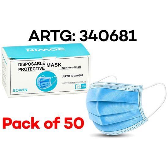 Image for 30WIN DISPOSABLE 3 PLY FACE MASK WITH ELASTIC LOOP PK50 ARTG: 340681 from Angletons Office National