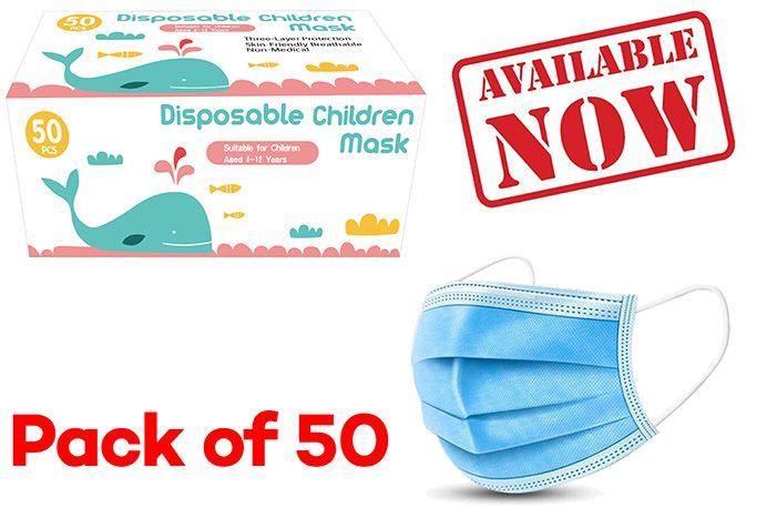 Image for KID'S CHILD DISPOSABLE 3 PLY FACE MASK WITH ELASTIC LOOP PK50 from Angletons Office National