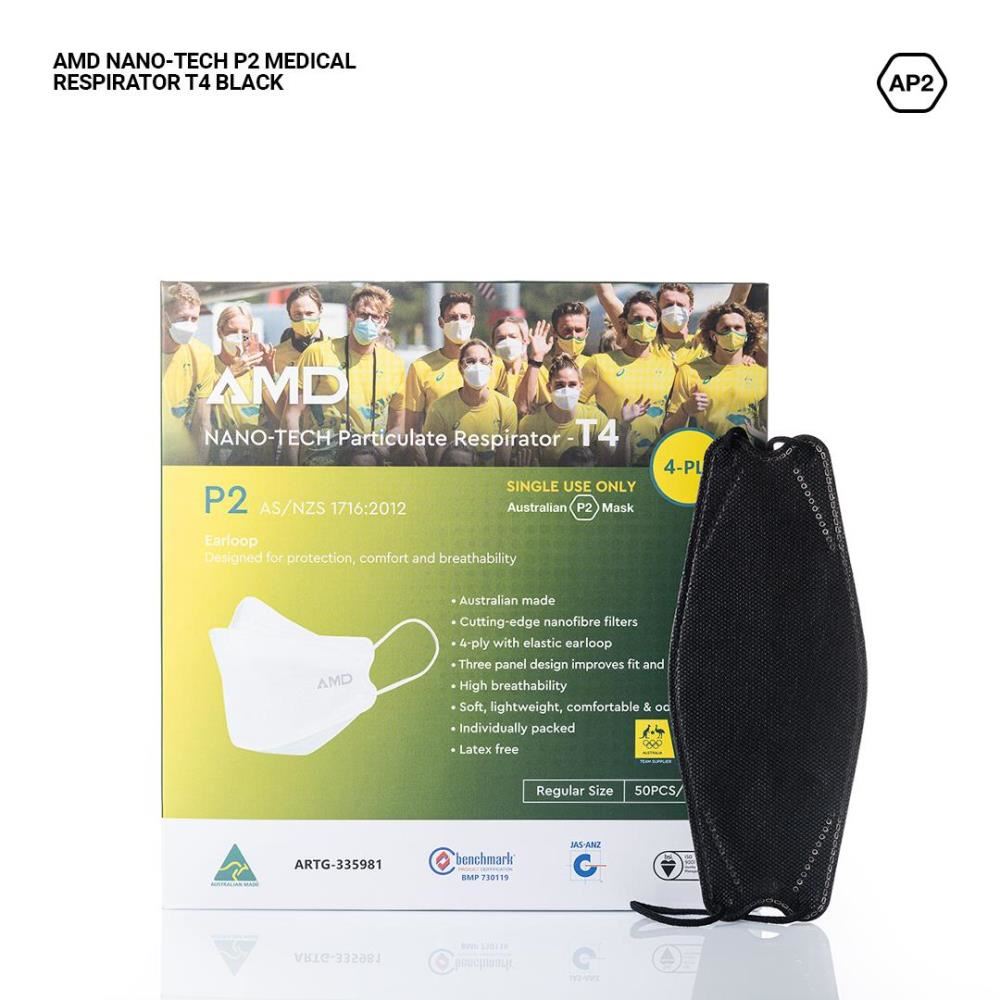Image for AMD PREMIUM NANO-TECH FLATFOLD P2 / KN95 DISPOSABLE FACE MASK BLACK 50 PACK from Angletons Office National