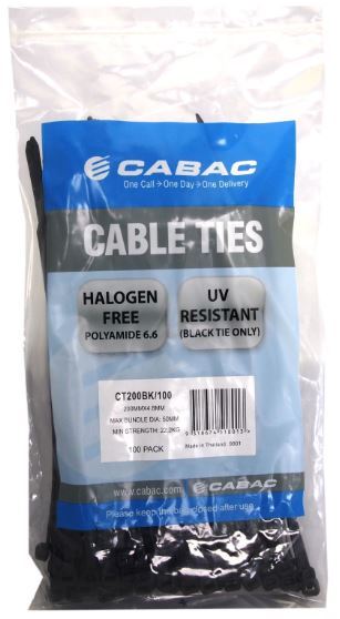 Image for CABAC CABLE TIES 200MMX4.8MM BLACK PK100 from Angletons Office National
