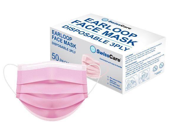 Image for SWISSCARE FACE MASK PINK 3 PLY WITH ELASTIC LOOP PK50 from Angletons Office National