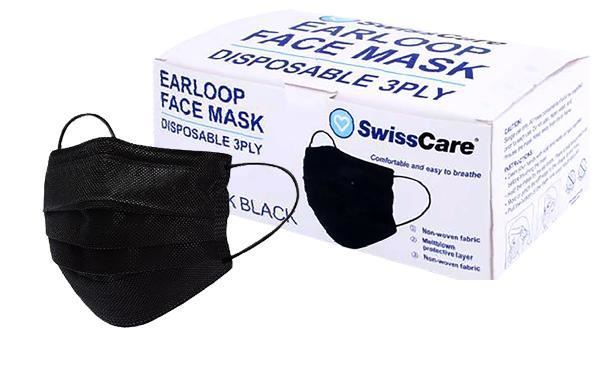 Image for SWISSCARE FACE MASK BLACK 3 PLY WITH ELASTIC LOOP PK50 from Angletons Office National